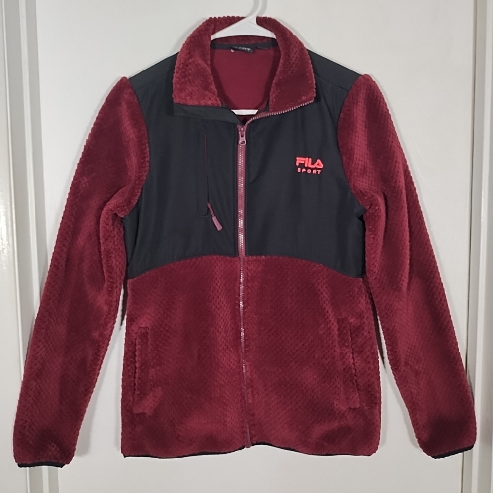 Fila Sport Women's XS Zip Faux Fur Fall Jacket Burgundy Black Quilted Fleece
